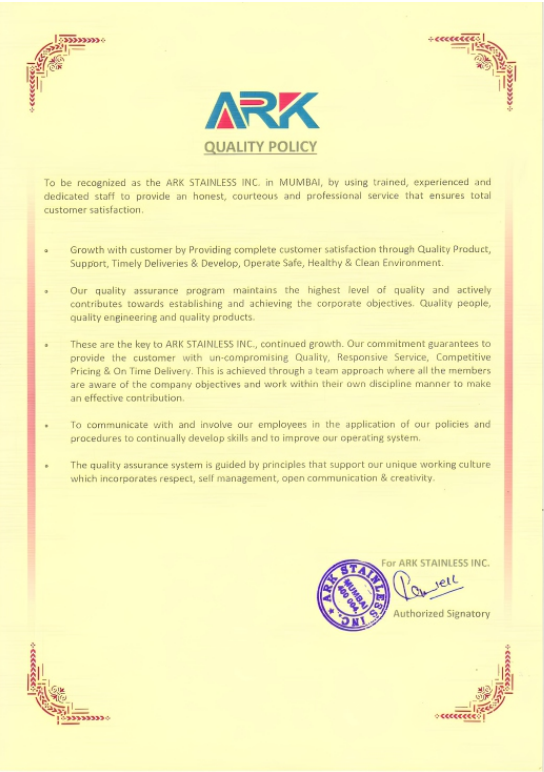 Quality Policy Certificate